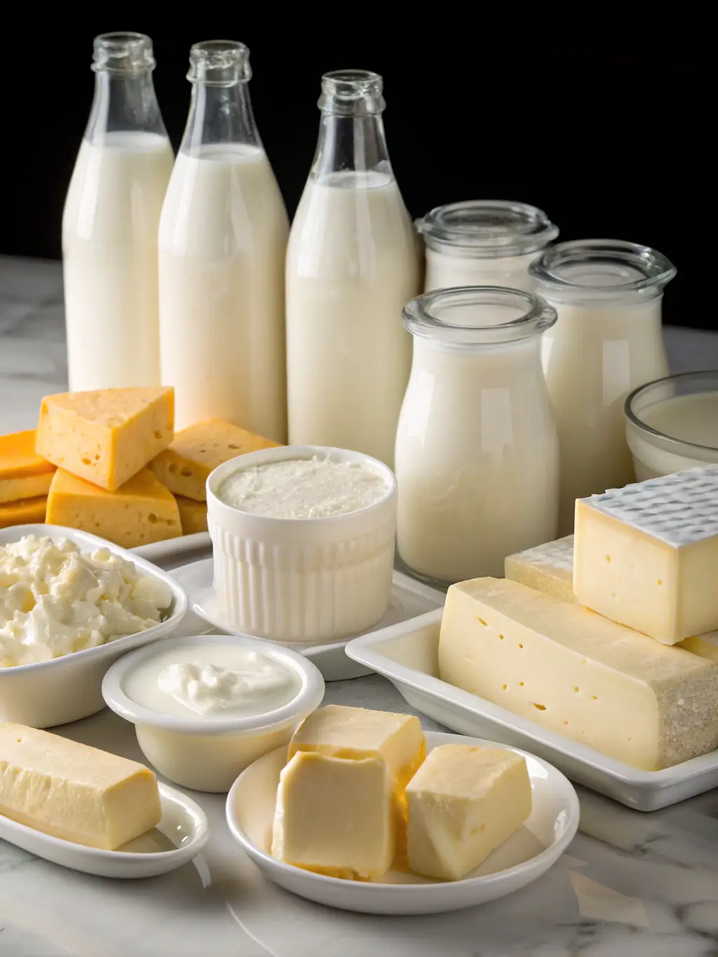 A vibrant display of assorted cheeses, milk bottles, and kefir jars arranged on a rustic wooden table, showcasing the variety of organic dairy products available at Cheese Maker Can.