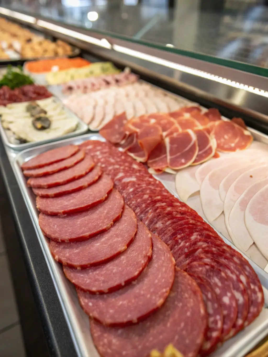 An assortment of cured meats, sausages, and Turkish delicacies displayed on a marble platter, representing the premium meat and delicatessen products at Cheese Maker Can.
