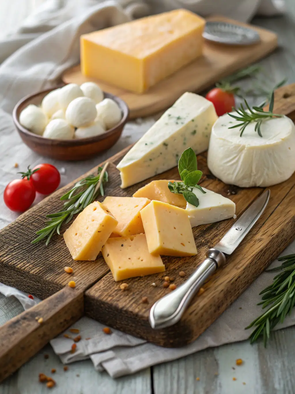 A close-up shot of a selection of artisanal cheeses on a wooden board, highlighting their textures and colors, to showcase the variety of organic cheeses and dairy products offered by Peynirci Can.