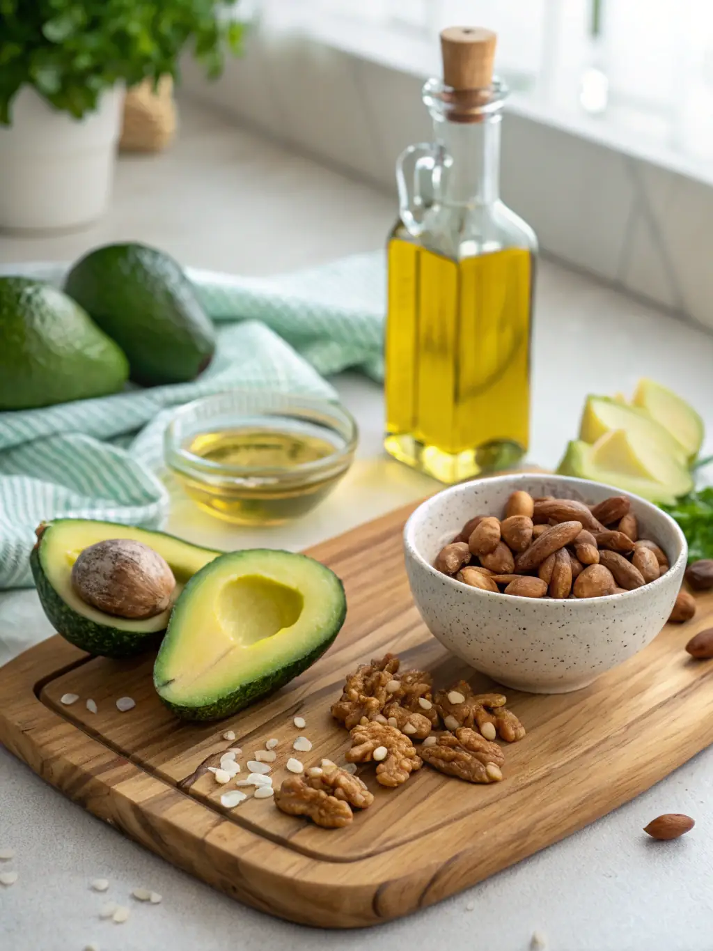 A visually appealing arrangement of nuts, olives, jams, and olive oil bottles, showcasing the natural and healthy dry foods and oils offered by Peynirci Can.