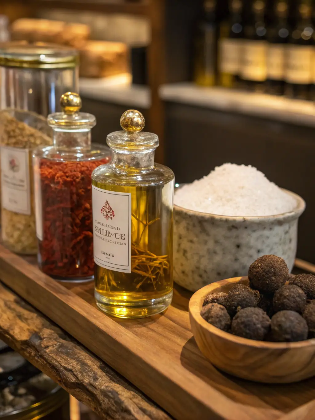A collection of jars of jams, bottles of olive oil, and bowls of nuts and olives arranged aesthetically, highlighting the healthy and natural dry foods and oils available at Cheese Maker Can.